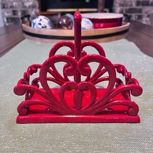 Vibrant Red Metal Heart Napkin/Salt and Pepper Holder with Decorative Cast Iron